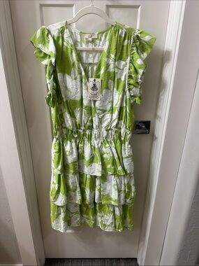 Easel Los Angeles Green & White Floral Tiered Ruffle Mini Dress L